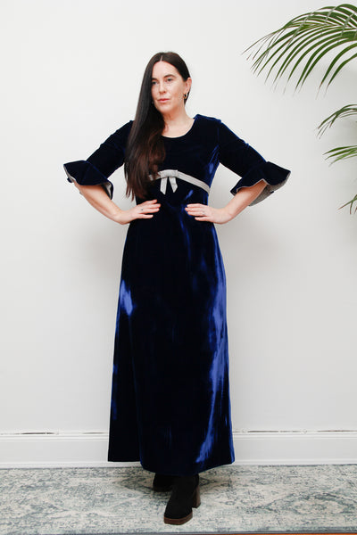 Vintage Blue Velvet Lurex Silver Bow Maxi