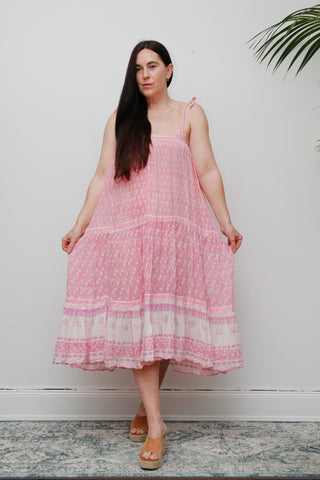 1970s Indian Gauze Cotton Dress – Vintage Pink Floral Boho Smock with Adjustable Sun Straps