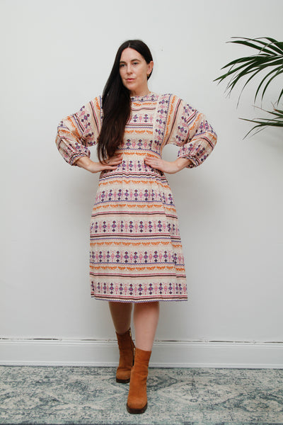 Vintage Lucie Linden Folklore Whimsical Scenic Cotton Dress