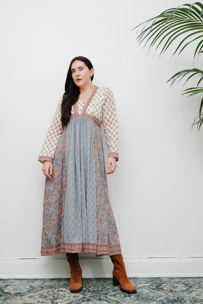 Vintage Indian Block Print Cotton Maxi Dress