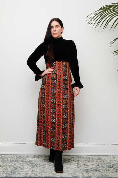 1970's Velvet Floral Fluted Sleeve Cotton Fabric Maxi Dress