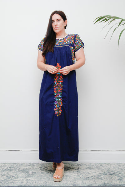 1970's Traditional Cotton Floral Embroidered Oaxacan Mexican Maxi Dress