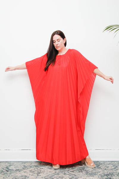 Rare Vintage Pleated Kaftan Dress | Bold Red Accordion Pleats – Boho Goddess Day to Night Maxi Dress