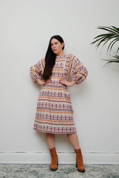 Vintage Lucie Linden Folklore Whimsical Scenic Cotton Dress