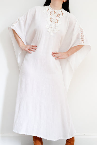 1970's White Cheesecloth Cotton Lace Mexican Kaftan Dress