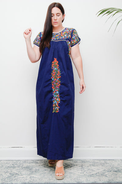 1970's Traditional Cotton Floral Embroidered Oaxacan Mexican Maxi Dress