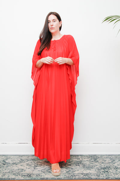 Rare Vintage Pleated Kaftan Dress | Bold Red Accordion Pleats – Boho Goddess Day to Night Maxi Dress