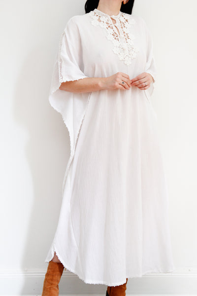 1970's White Cheesecloth Cotton Lace Mexican Kaftan Dress