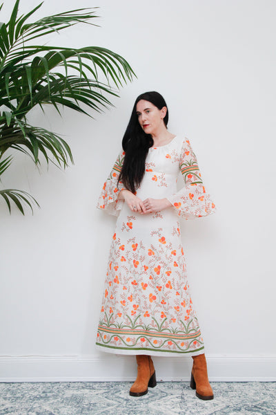 Vintage Floral Cotton Flute Sleeve Maxi Dress 1970's