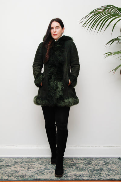 1970's Green Suede Penny Lane Hooded Sheepskin Coat