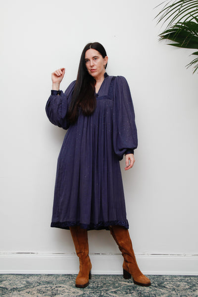 1970's Indian Indigo Cotton Gauze Smock Dress