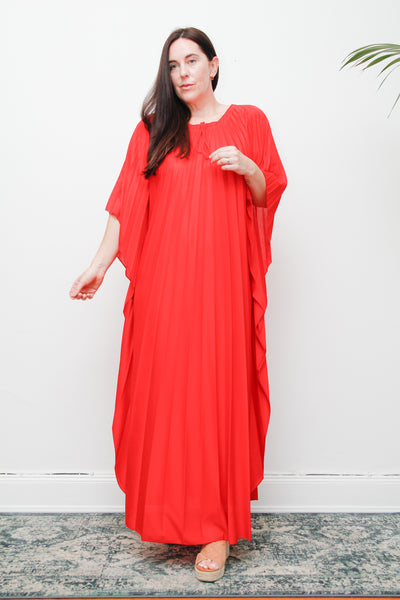 Rare Vintage Pleated Kaftan Dress | Bold Red Accordion Pleats – Boho Goddess Day to Night Maxi Dress