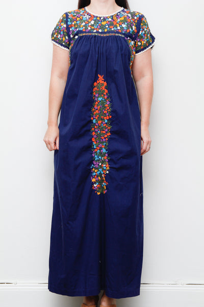 1970's Traditional Cotton Floral Embroidered Oaxacan Mexican Maxi Dress