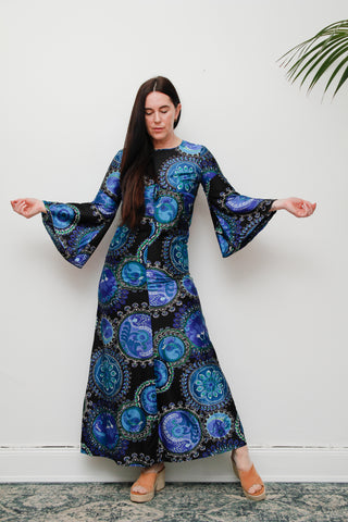 1970s Bohemian Paisley Maxi Dress in Blue & Green
