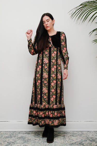 1970's Floral Cotton Velvet Folklore Maxi Dress Rare