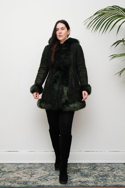 1970's Green Suede Penny Lane Hooded Sheepskin Coat