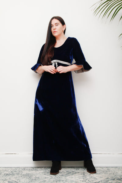 Vintage Blue Velvet Lurex Silver Bow Maxi