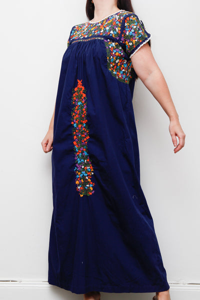 1970's Traditional Cotton Floral Embroidered Oaxacan Mexican Maxi Dress