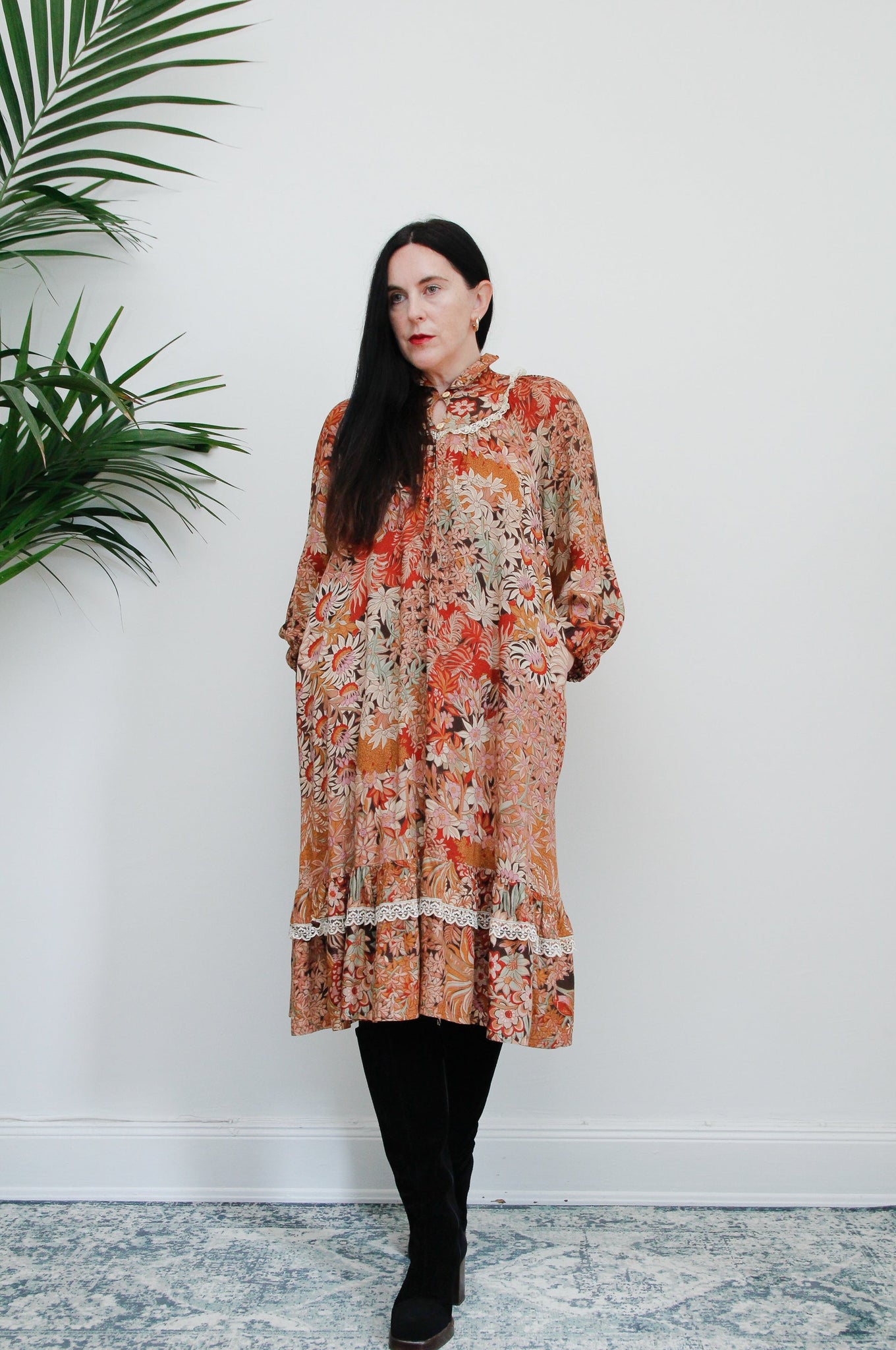 1970's Floral Cotton Folklore Midi Dress