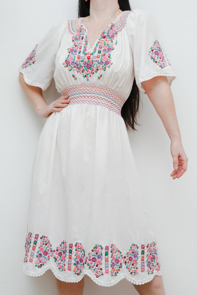 1970's Floral Hungarian Cotton Embroidered Maxi Dress