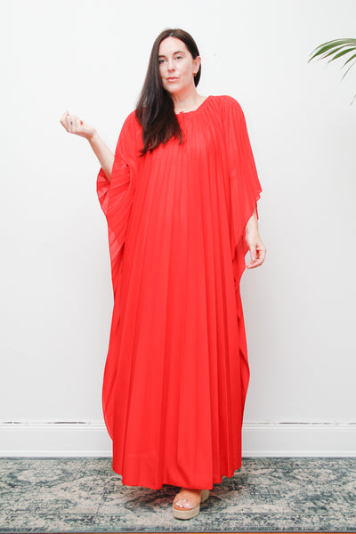 Rare Vintage Pleated Kaftan Dress | Bold Red Accordion Pleats – Boho Goddess Day to Night Maxi Dress