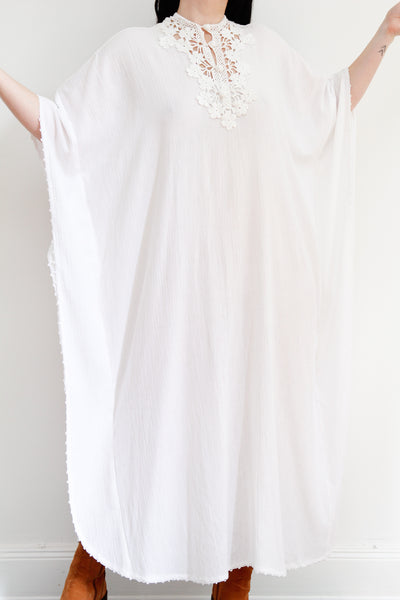 1970's White Cheesecloth Cotton Lace Mexican Kaftan Dress