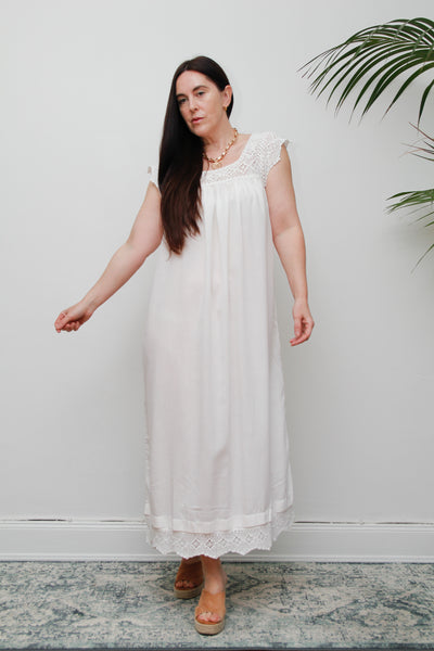 1970'sWhite Ethereal Crochet Cotton Smock Long Dress