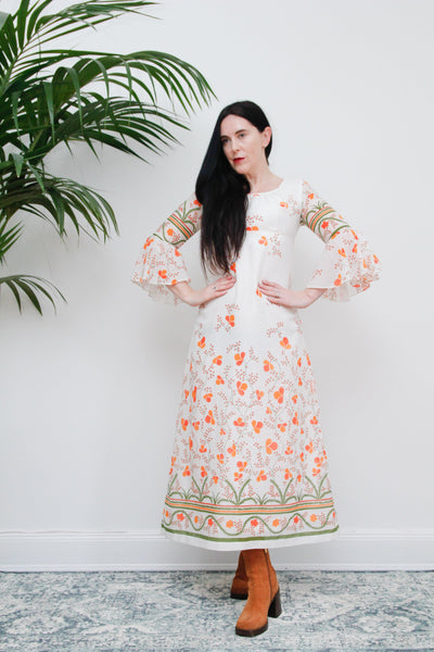 Vintage Floral Cotton Flute Sleeve Maxi Dress 1970's