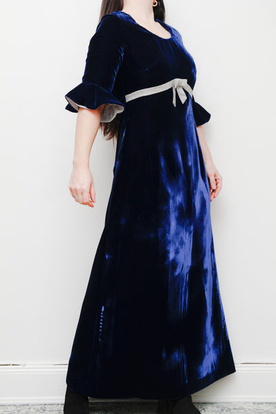 Vintage Blue Velvet Lurex Silver Bow Maxi