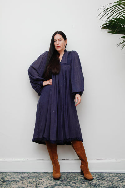 1970's Indian Indigo Cotton Gauze Smock Dress