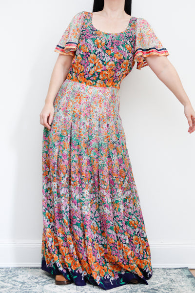 1970's Cotton Flared Cape Sleeve Floral Maxi Dress