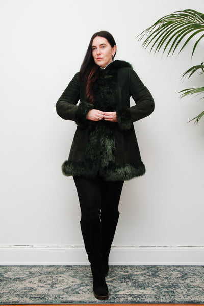 1970's Green Suede Penny Lane Hooded Sheepskin Coat