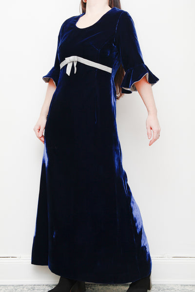 Vintage Blue Velvet Lurex Silver Bow Maxi