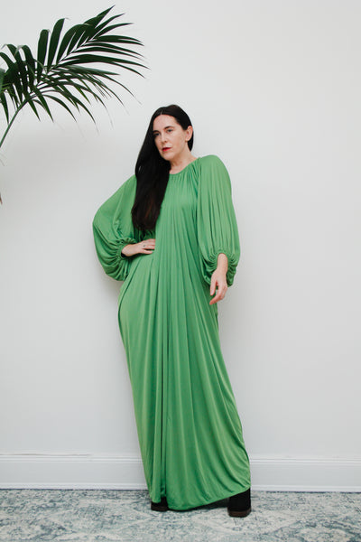 1970's Yuki for Rembrandt Green Draped Jersey Grecian Maxi Dress