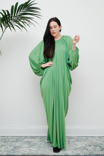 1970's Yuki for Rembrandt Green Draped Jersey Grecian Maxi Dress
