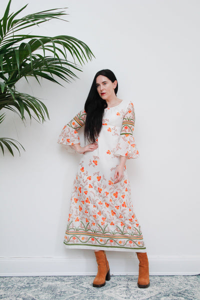 Vintage Floral Cotton Flute Sleeve Maxi Dress 1970's