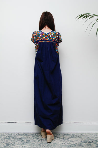 1970's Traditional Cotton Floral Embroidered Oaxacan Mexican Maxi Dress