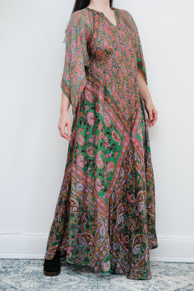 1970's Indian Silk Handkerchief Gauze Kaftan Maxi Dress