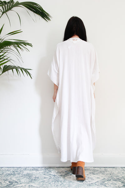 1970's White Cheesecloth Cotton Lace Mexican Kaftan Dress