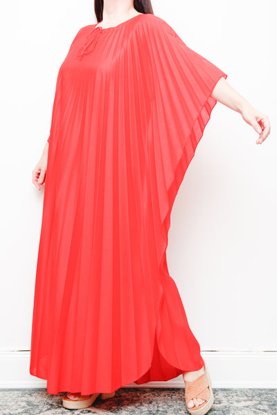 Rare Vintage Pleated Kaftan Dress | Bold Red Accordion Pleats – Boho Goddess Day to Night Maxi Dress