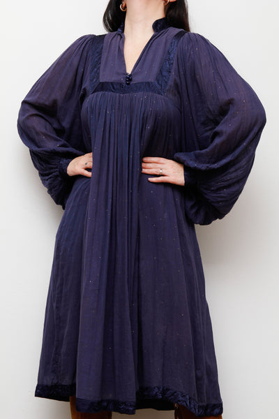 1970's Indian Indigo Cotton Gauze Smock Dress