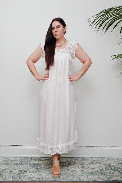 1970'sWhite Ethereal Crochet Cotton Smock Long Dress