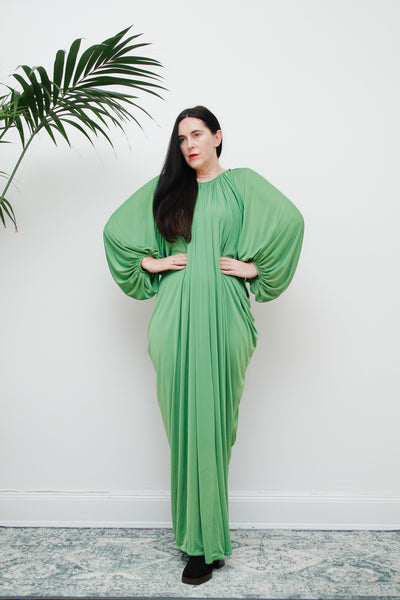 1970's Yuki for Rembrandt Green Draped Jersey Grecian Maxi Dress