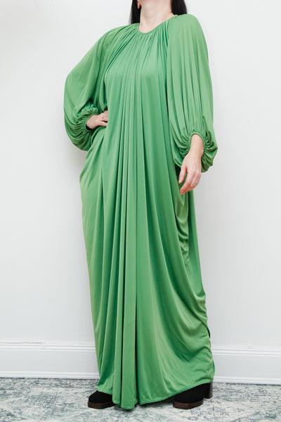 1970's Yuki for Rembrandt Green Draped Jersey Grecian Maxi Dress