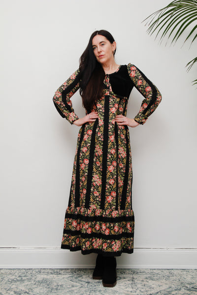 1970's Floral Cotton Velvet Folklore Maxi Dress Rare