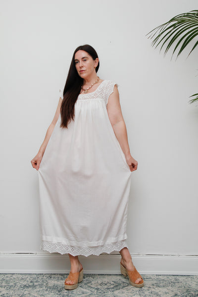 1970'sWhite Ethereal Crochet Cotton Smock Long Dress
