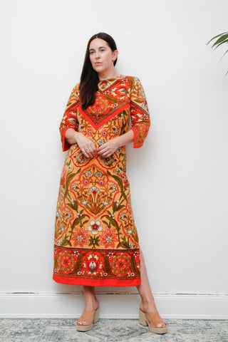 Rare 1970s Vintage Floral Kaftan Dress – Orange & Green Toweling Cotton, Boho Festival Style