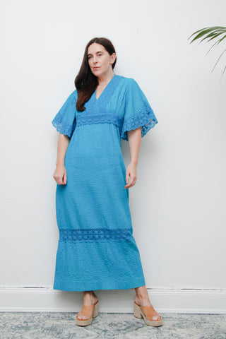 1970's Turquoise Blue Cotton Lace Mexican Wedding Kaftan Dress