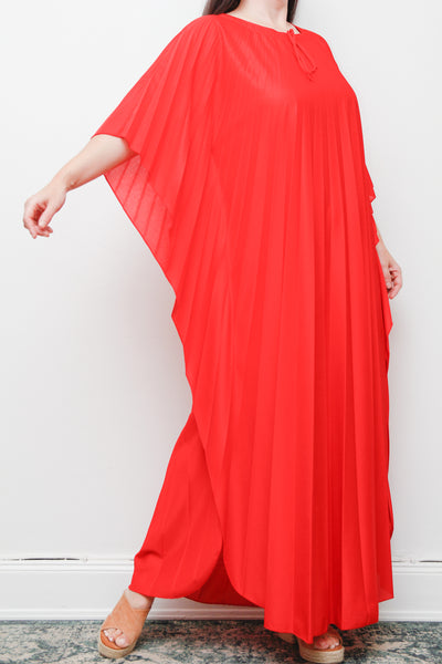Rare Vintage Pleated Kaftan Dress | Bold Red Accordion Pleats – Boho Goddess Day to Night Maxi Dress