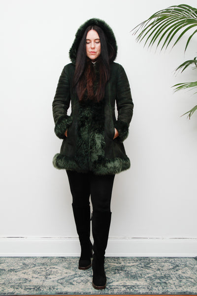 1970's Green Suede Penny Lane Hooded Sheepskin Coat